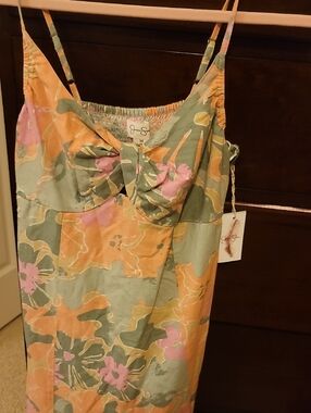 NWT Jessica Simpson Peach, Sage & Pink Floral Midi Sundress Dress Size M